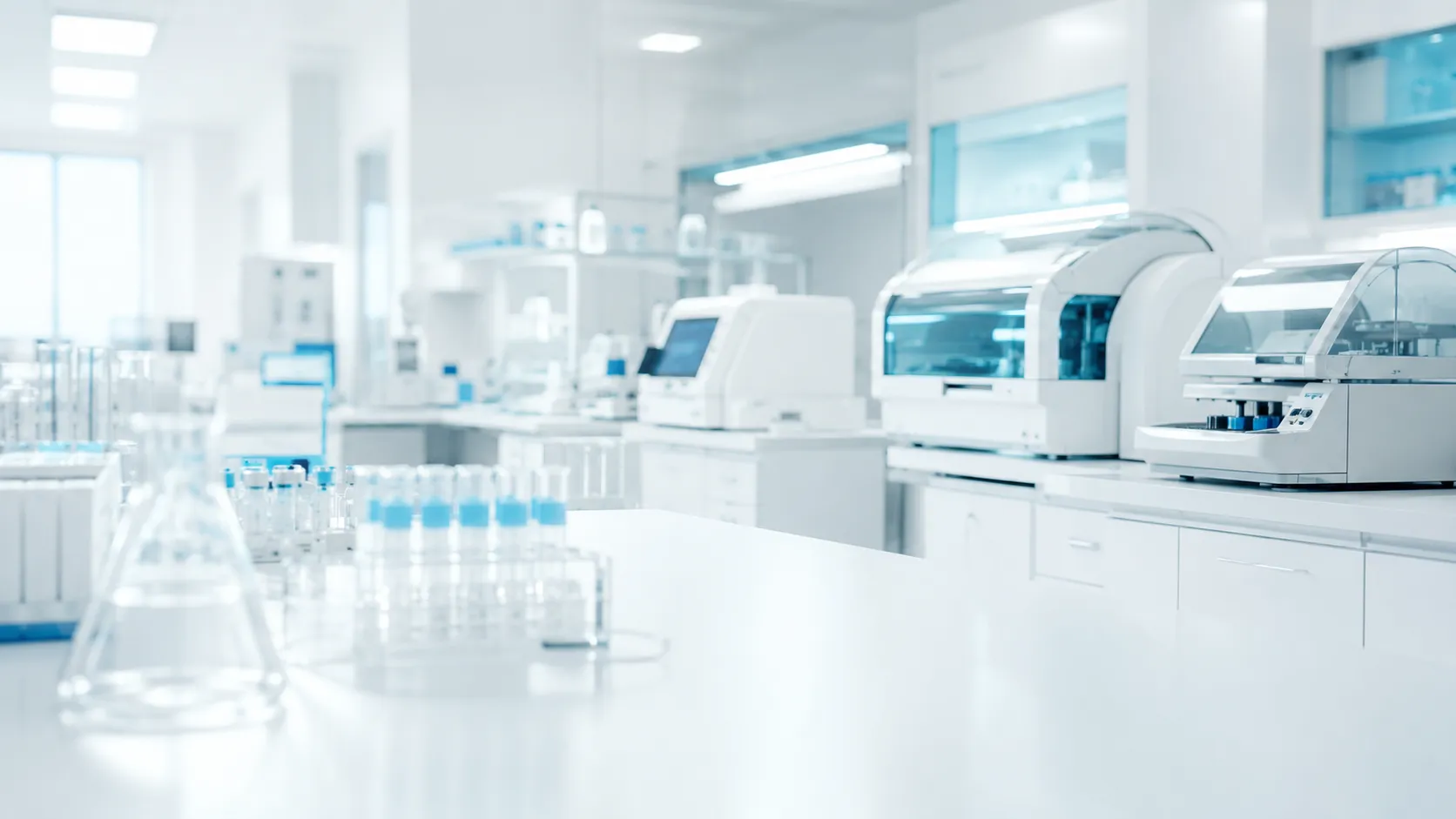 Clinical laboratory backlit in white with glassware out of focus