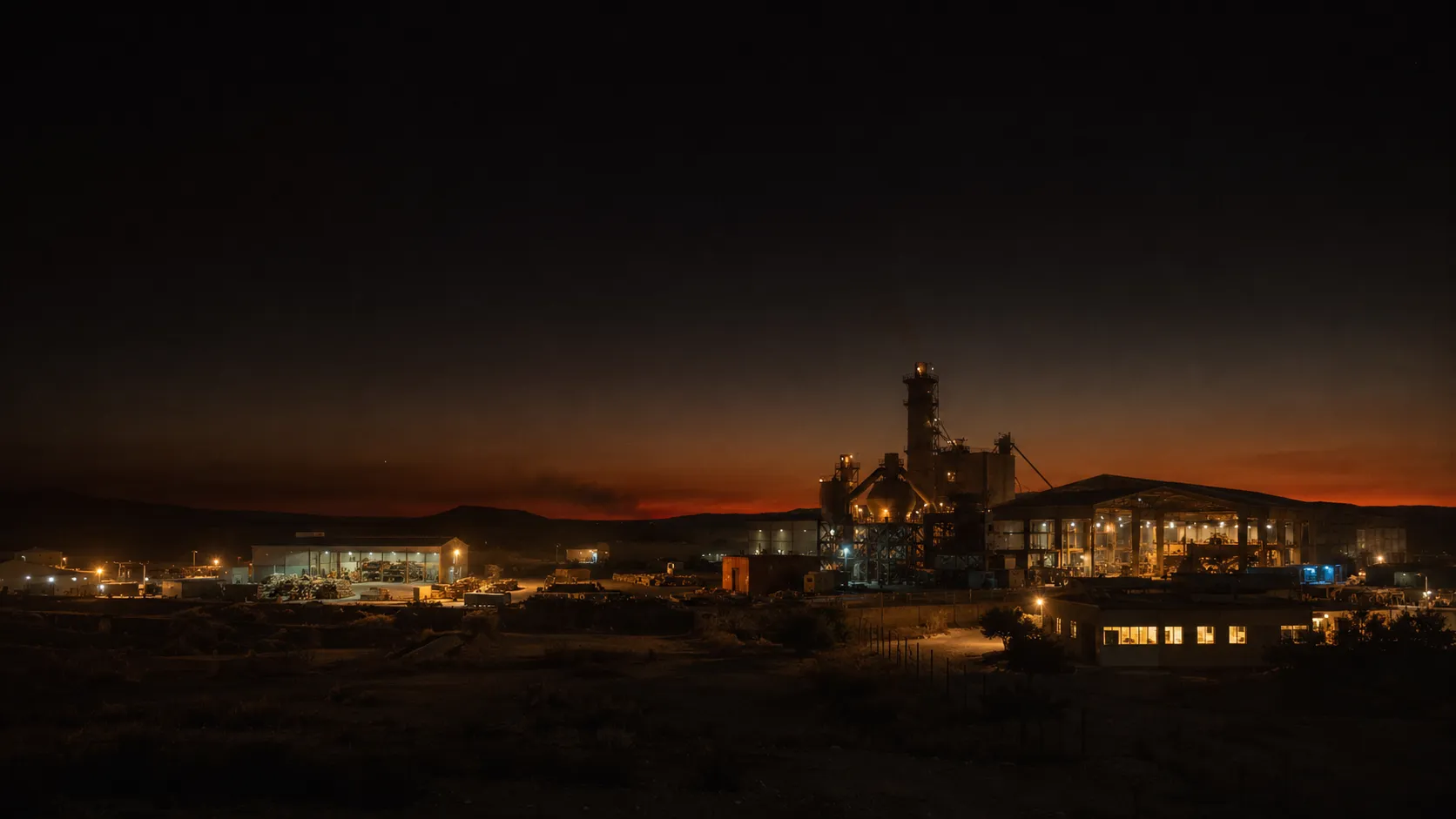 Industrial operation at dusk with its areas lit: production hall, backlit plant and offices