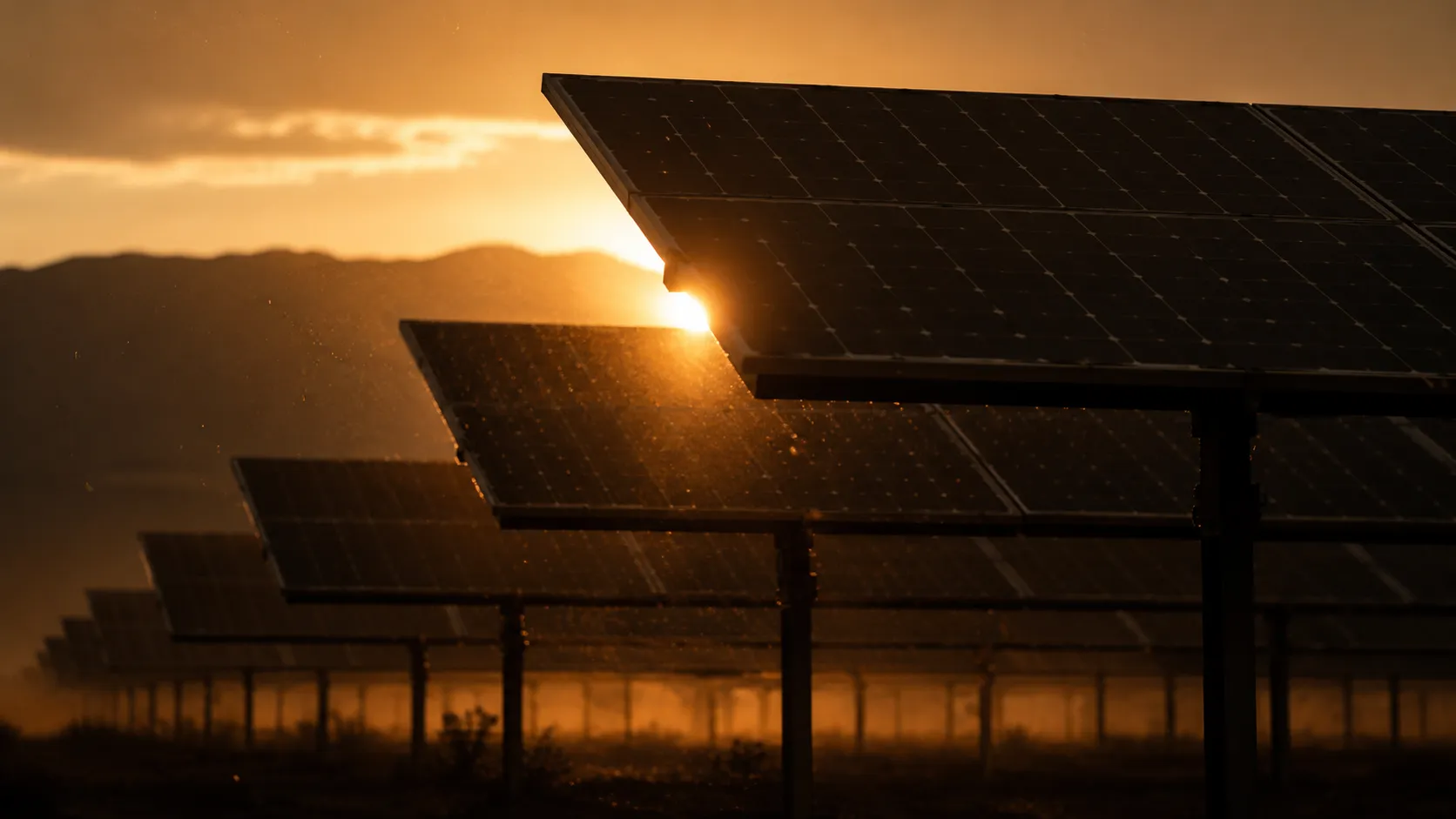 Filas de paneles solares a contraluz en la hora dorada con polvo en el aire